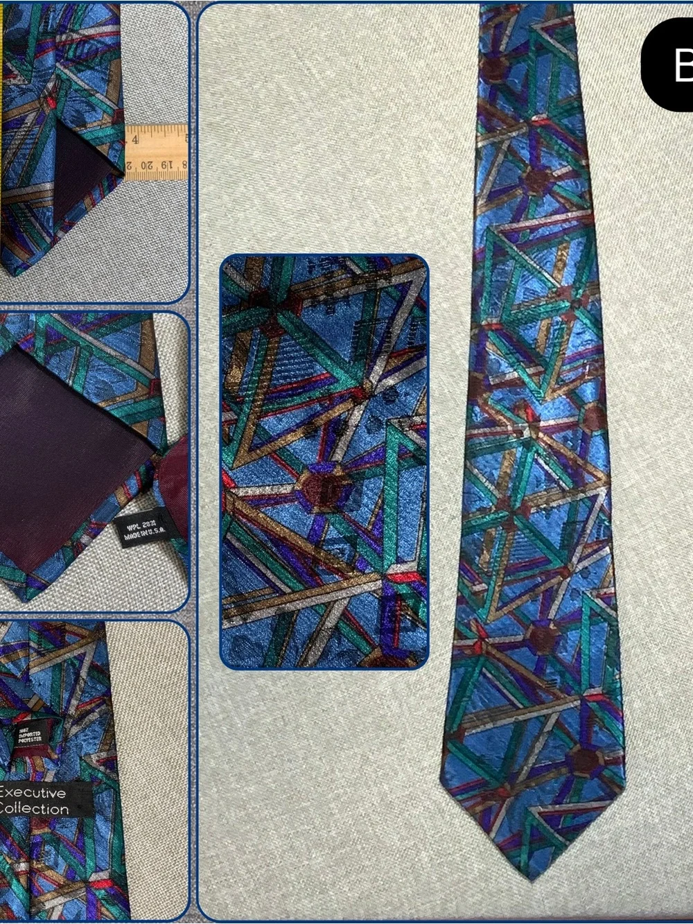 Vintage Geometric Necktie Blue Teal Gold Abstract Tie